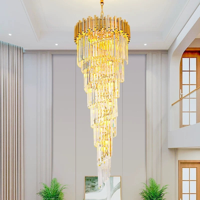 Candelabru Cristal CC110/600x1800GD , 28xE14, Diametru 60cm, Inaltime 180cm, Auriu Lucios, Inaltime Reglabila, Design Elegant