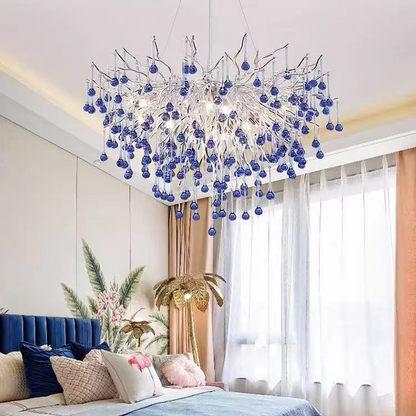Candelabru Cristal CC335/600CH, 7x G9, Crom si Cristale Albastre, 60cm, Inaltime Reglabila