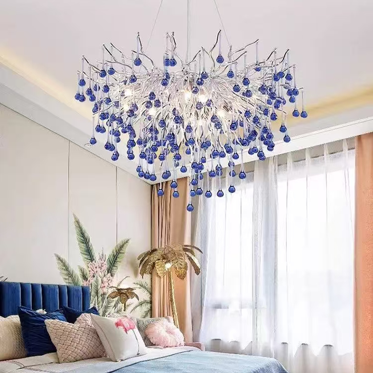 Candelabru Cristal CC335/600CH, 7x G9, Crom si Cristale Albastre, 60cm, Inaltime Reglabila