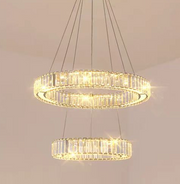 Lustra LED cu telecomanda LLC130/2CH, Cristal si Metal, 62W, 2 Cercuri, Dimabila, Inaltime Reglabila, Lumina Rece/Calda/Neutra, Iluminat Luxos
