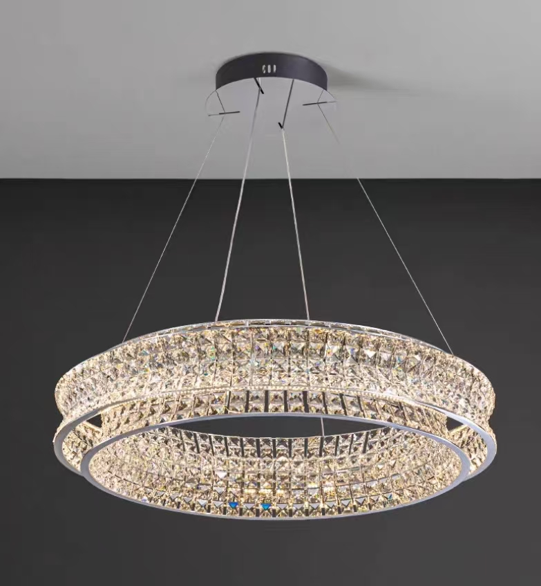 Lustra LED cu Telecomanda, LLC160/500CH, Cristal si Metal, 55W, 1 Cerc, Dimabila, Inaltime Reglabila, Lumina Rece/Calda/Neutra, Iluminat Luxos