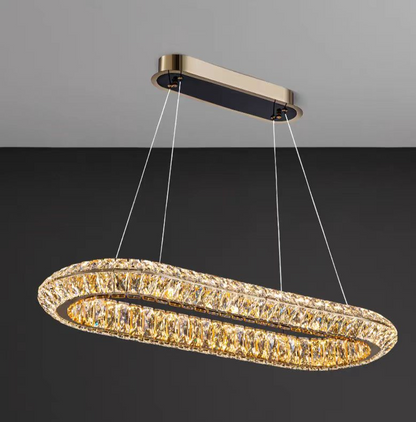 Lustra LED cu Telecomanda, LLC132/900X300GD, Cristal si Metal, 39W, 1 Cerc, Dimabila, Inaltime Reglabila, Lumina Rece/Calda/Neutra, Iluminat Luxos