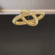 Lustra LED cu Telecomanda, LLC132/300+500GD, Cristal si Metal, 48W, 2 Cerc, Dimabila, Inaltime Reglabila, Lumina Rece/Calda/Neutra 3000K/4000K/6000K, Iluminat Luxos,