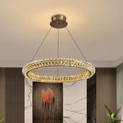 Lustra LED cu Telecomanda, LLC132/500GD, Cristal si Metal, 26W, 1 Cerc, Dimabila, Inaltime Reglabila, Lumina Rece/Calda/Neutra, Iluminat Luxos