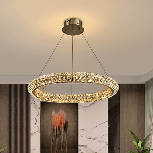 Lustra LED cu Telecomanda, LLC132/500GD, Cristal si Metal, 26W, 1 Cerc, Dimabila, Inaltime Reglabila, Lumina Rece/Calda/Neutra, Iluminat Luxos