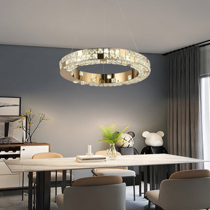 Lustra LED cu Telecomanda, LLC135/1GD, Cristal si Metal, 29W, 1 Cerc, Dimabila, Inaltime Reglabila, Lumina Rece/Calda/Neutra, Iluminat Luxos