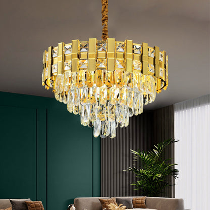 Candelabru Cristal BRAN Eleganza 8xE14, Diametru 50cm, Auriu Lucios, Inaltime Reglabila