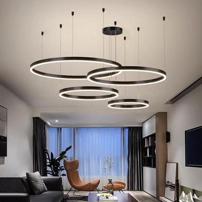 Lustra LED suspendata cu telecomanda LT813/4BK 41W, 4 Cercuri, lumina Rece/Calda/Neutra, Dimabila, Negru, Inaltime Reglabila