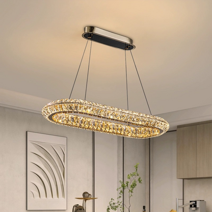 Lustra LED cu Telecomanda, LLC132/900X300GD, Cristal si Metal, 39W, 1 Cerc, Dimabila, Inaltime Reglabila, Lumina Rece/Calda/Neutra, Iluminat Luxos