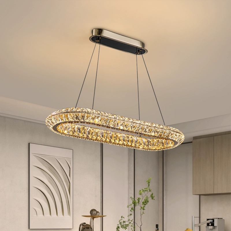 Lustra LED cu Telecomanda, LLC132/900X300GD, Cristal si Metal, 39W, 1 Cerc, Dimabila, Inaltime Reglabila, Lumina Rece/Calda/Neutra, Iluminat Luxos
