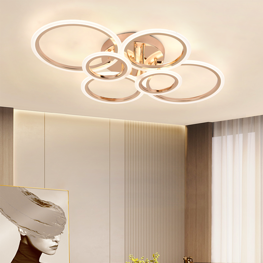 Lustra LED cu telecomanda BETTY 81W, 6 Cercuri, lumina Rece/Calda/Neutra, Dimabila, Auriu Lucios