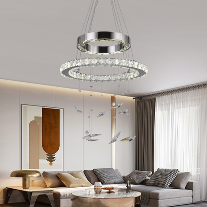 Lustra LED suspendata cu telecomanda si cristal 36W, 2 Cercuri, lumina Rece/Calda/Neutra, Dimabila, Crom Lucios, Inaltime Reglabila