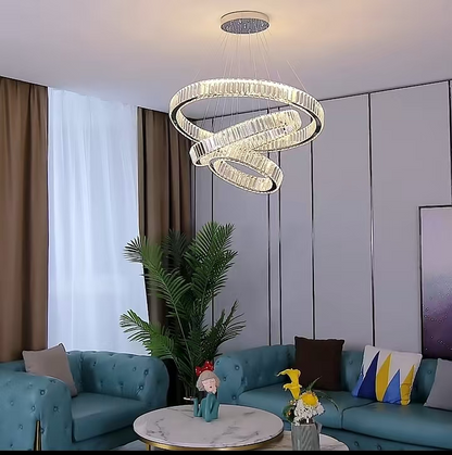 Lustra LED LLC130/3CH, Cristal si Metal, 119W, 3 Cercuri, Dimabila, Inaltime Reglabila, Lumina Rece/Calda/Neutra, Iluminat Luxos