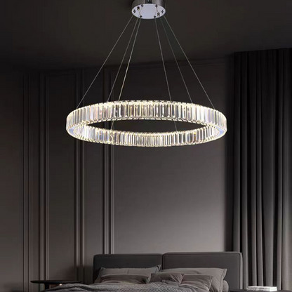 Lustra LED cu telecomanda LLC130/1CH, Cristal si Metal, 31W, 1 Cerc, Dimabila, Inaltime Reglabila, Lumina Rece/Calda/Neutra, Iluminat Luxos