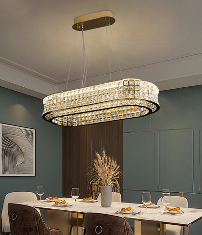 Lustra LED cu Telecomanda, LLC160/750X350GD, Cristal si Metal, 71W, Dimabila, Inaltime Reglabila, Lumina Rece/Calda/Neutra, Iluminat Luxos