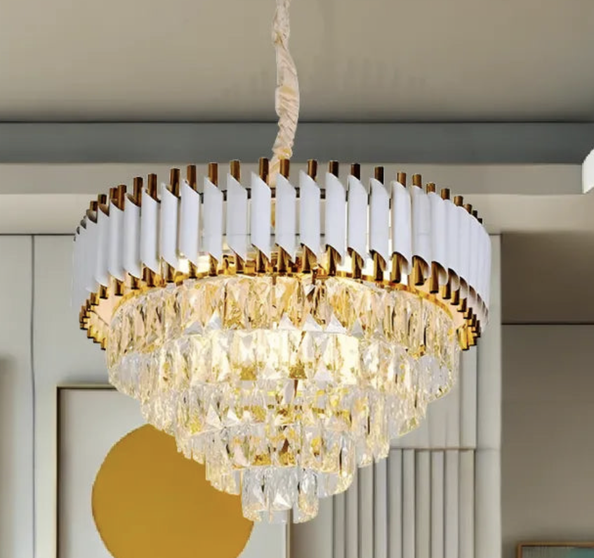 Candelabru Cristal VERSAILLES Magno 8x E14, Diametru 60cm, Auriu Lucios si Alb, Inaltime Reglabila