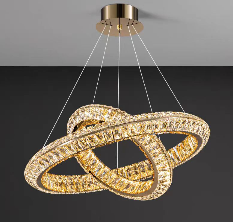 Lustra LED cu Telecomanda, LLC132/300GD, Cristal si Metal, 37W, 2 Cerc, Dimabila, 3000K/4000K/6000K, Iluminat Luxos