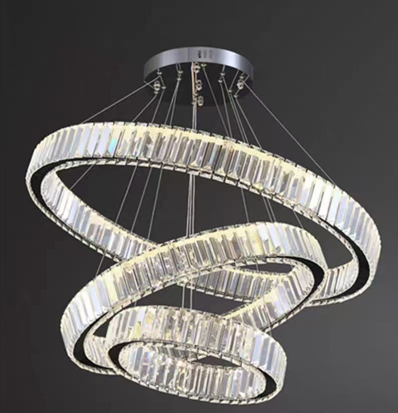 Lustra LED cu telecomanda LLC130/3CH, Cristal si Metal, 119W, 3 Cercuri, Dimabila, Inaltime Reglabila, Lumina Rece/Calda/Neutra, Iluminat Luxos