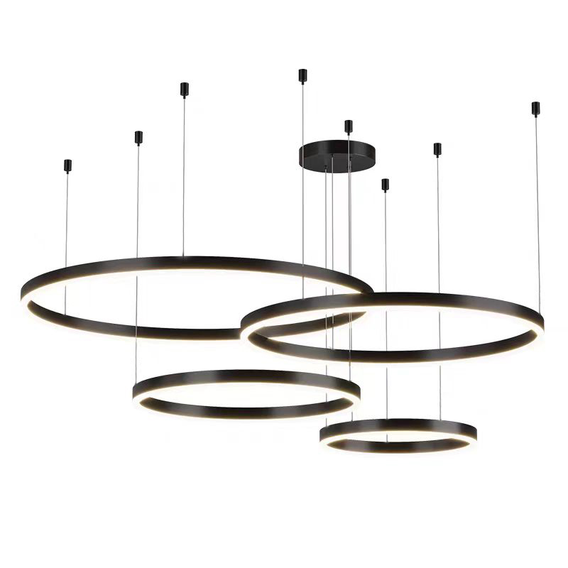 Lustra LED suspendata cu telecomanda LT813/4BK 41W, 4 Cercuri, lumina Rece/Calda/Neutra, Dimabila, Negru, Inaltime Reglabila