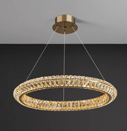 Lustra LED cu Telecomanda, LLC132/500GD, Cristal si Metal, 26W, 1 Cerc, Dimabila, Inaltime Reglabila, Lumina Rece/Calda/Neutra, Iluminat Luxos