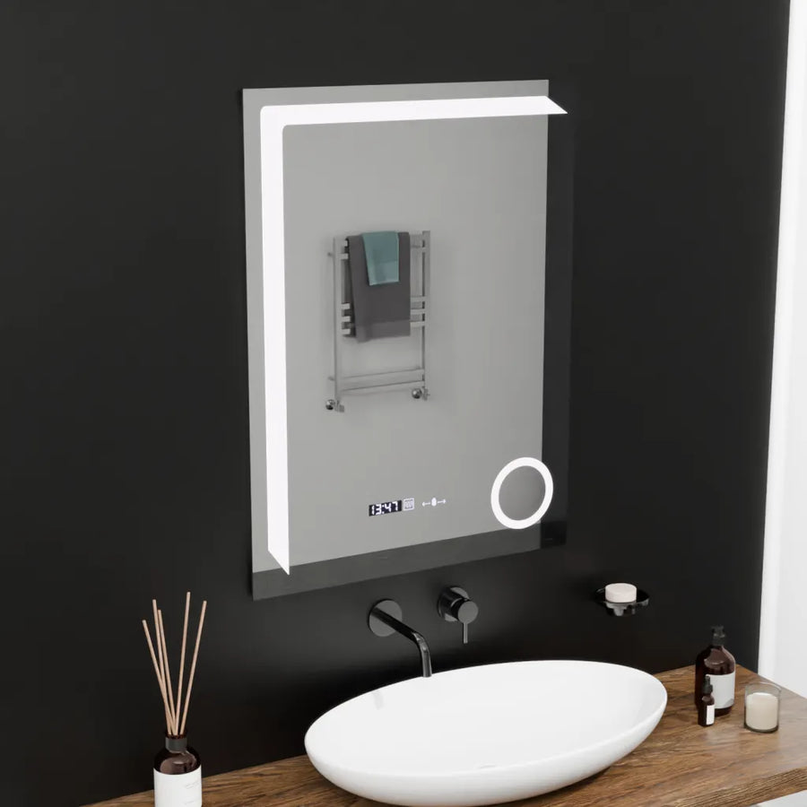 Oglinda LED Rectangulara, 60x80cm, Precision MotionGlow Marcello, Sistem Dezaburire, Ceas & Termometru, Lupa Cosmetica, Dimabila