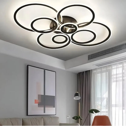 Lustra LED cu telecomanda BETTY 130W, 8 Cercuri, lumina Rece/Calda/Neutra, Dimabila, Negru