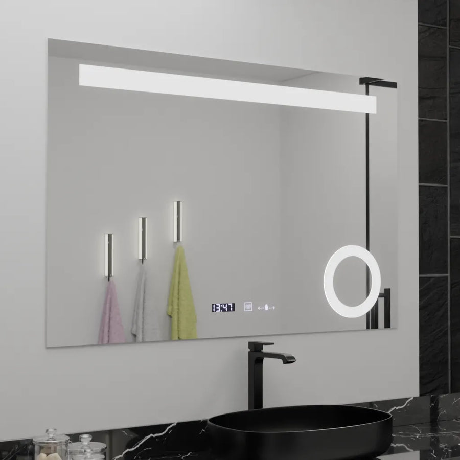Oglinda LED Rectangulara, 120x80cm, ABSOLU MotionGlow Marcello, Sistem Dezaburire, Ceas & Termometru, Lupa Cosmetica, Dimabila