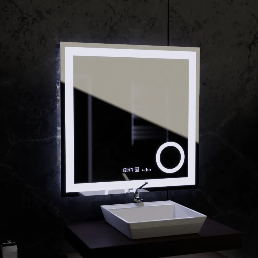 Oglinda LED Rectangulara, 80x80cm, Souverain MotionGlow Marcello, Sistem Dezaburire, Ceas & Termometru, Lupa Cosmetica, Dimabila