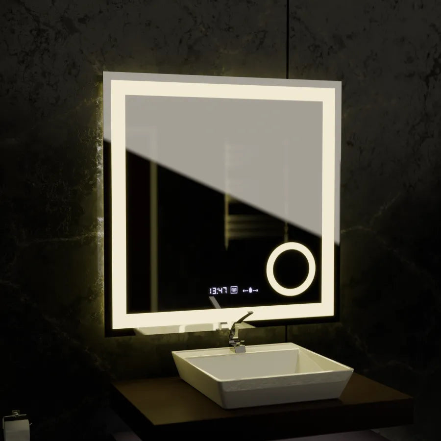 Oglinda LED Rectangulara, 80x80cm, Souverain MotionGlow Marcello, Sistem Dezaburire, Ceas & Termometru, Lupa Cosmetica, Dimabila