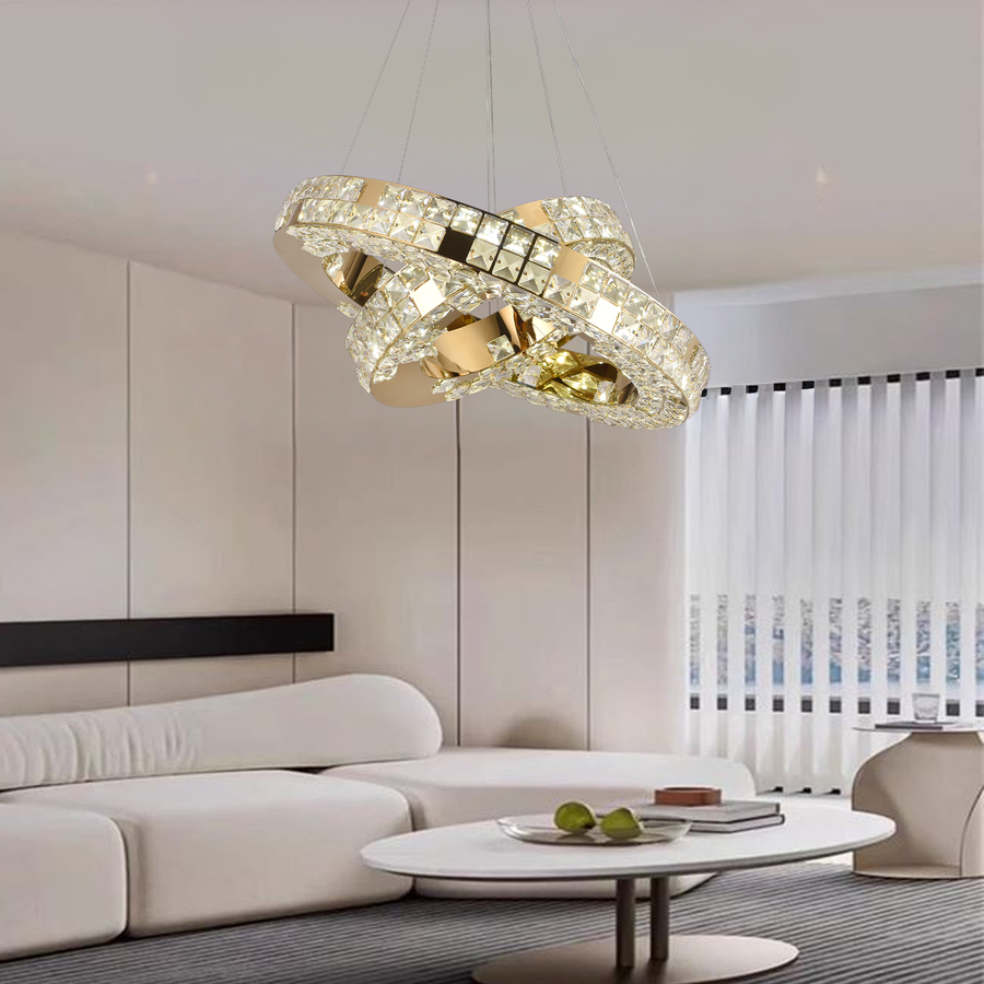 Lustra LED cu Telecomanda, LLC135/2GD, Cristal si Metal, 55W, 2 Cerc, Dimabila, Inaltime Reglabila, Lumina Rece/Calda/Neutra 3000K/4000K/6000K, Iluminat Luxos