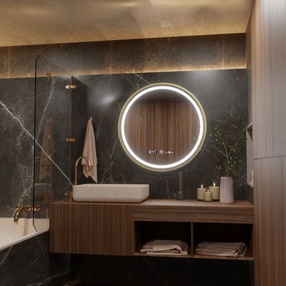 Oglinda LED Rotunda, 80cm, Celeste Royale Gold MotionGlow Marcello, Sistem Dezaburire, Ceas & Termometru, Dimabila