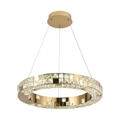 Lustra LED cu Telecomanda, LLC135/1GD, Cristal si Metal, 29W, 1 Cerc, Dimabila, Inaltime Reglabila, Lumina Rece/Calda/Neutra, Iluminat Luxos
