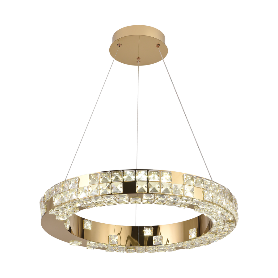 Lustra LED cu Telecomanda, LLC135/1GD, Cristal si Metal, 29W, 1 Cerc, Dimabila, Inaltime Reglabila, Lumina Rece/Calda/Neutra, Iluminat Luxos