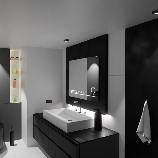 Oglinda LED Rectangulara, 80x60cm, Harmonie MotionGlow Marcello, Sistem Dezaburire, Termometru si Ceas, Lupa Cosmetica, Dimabila