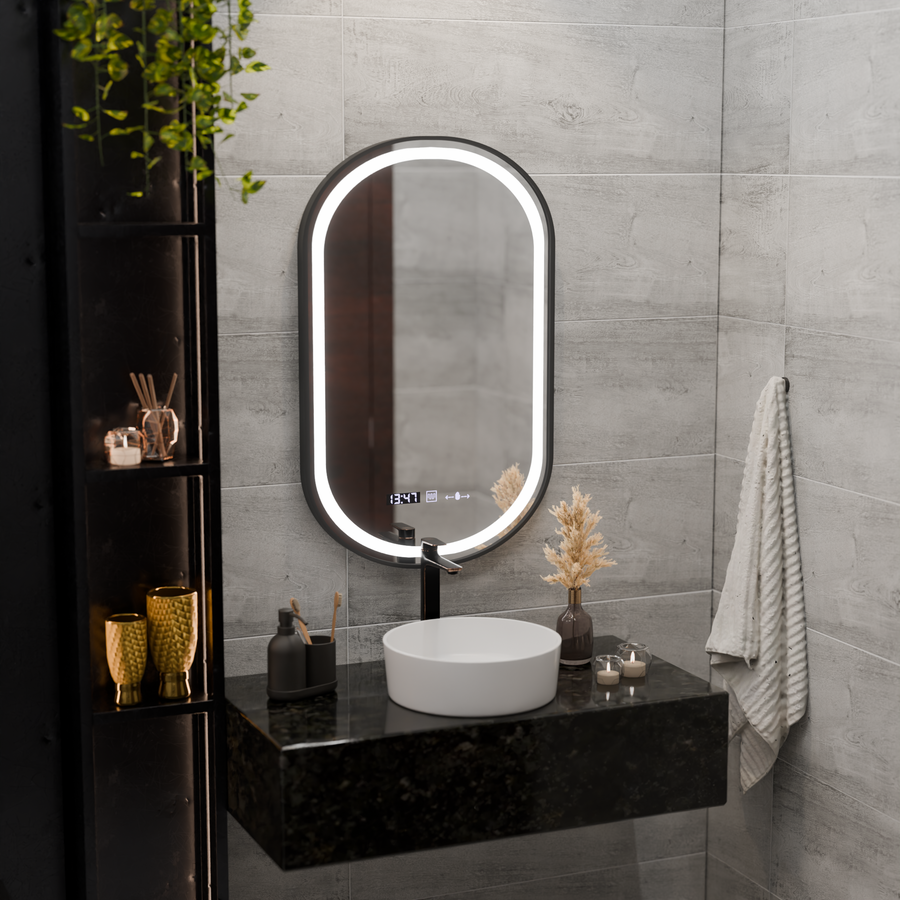 Oglinda LED Touch Helmut Sistem Dezaburire, Ceas si Temperatura 50x80 cm Rama Negru Brushed Marcello Funghi