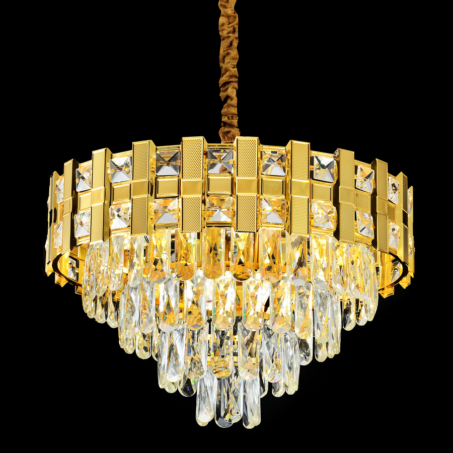 Candelabru Cristal BRAN Eleganza 8xE14, Diametru 50cm, Auriu Lucios, Inaltime Reglabila