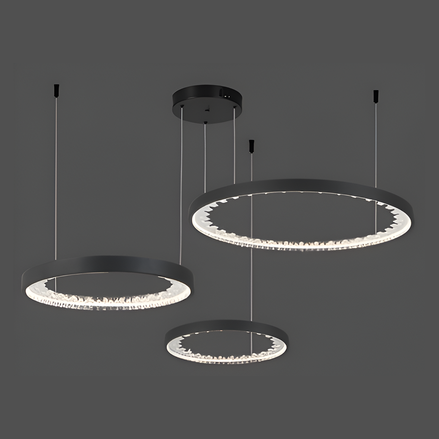 Lustra LED suspendata cu telecomanda, Cristale K9, 80W, 3 Cercuri, lumina Rece/Calda/Neutra, Dimabila, Negru, Inaltime Reglabila