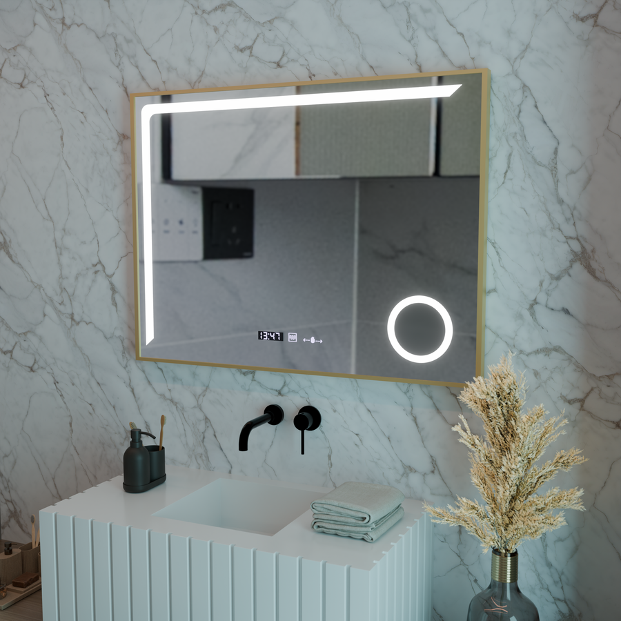 Oglinda LED Senzor MotionGlow Rosalia 80x60 cm Lumina Calda/Rece/Neutra Dimabila Sistem Dezaburire Termometru Ceas Colectia Marcello Funghi