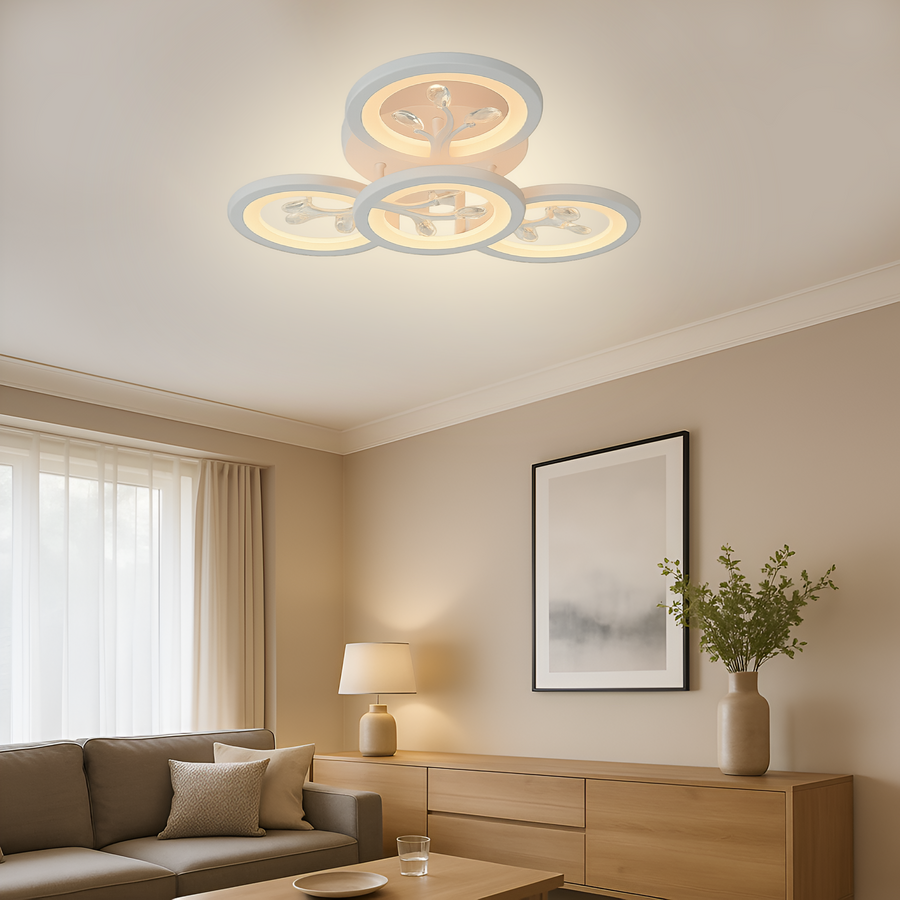Lustra LED cu telecomanda si cristal DAISY 53W, 4 Elemente, lumina Rece/Calda/Neutra, Dimabila, Alb