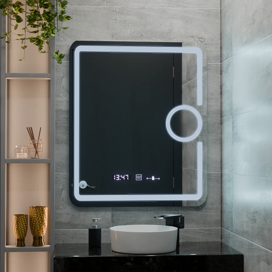 Oglinda LED Rectangulara, 60x80cm, Eclat MotionGlow Marcello, Ceas & Termometru, Sistem Dezaburire, Lupa Cosmetica, Dimabila