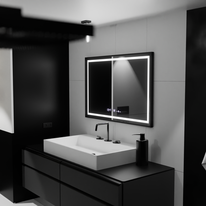 Oglinda LED Rectangulara, 100x80cm, Verite Majeste Noir MotionGlow Marcello, Sistem Dezaburire, Ceas & Termometru, Dimabila