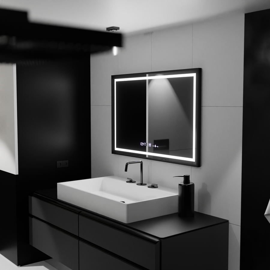 Oglinda LED Rectangulara, 100x80cm, Verite Majeste Noir MotionGlow Marcello, Sistem Dezaburire, Ceas & Termometru, Dimabila