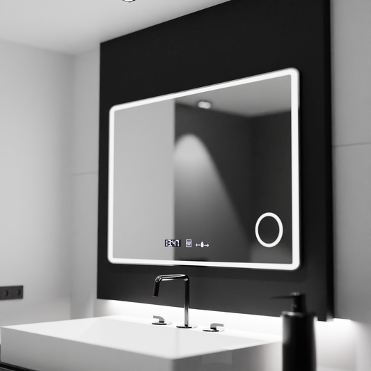 Oglinda LED Rectangulara 120x80 Aura Riflesso Puro MotionGlow Marcello, Sistem Dezaburire, Termometru si Ceas, Dimabila