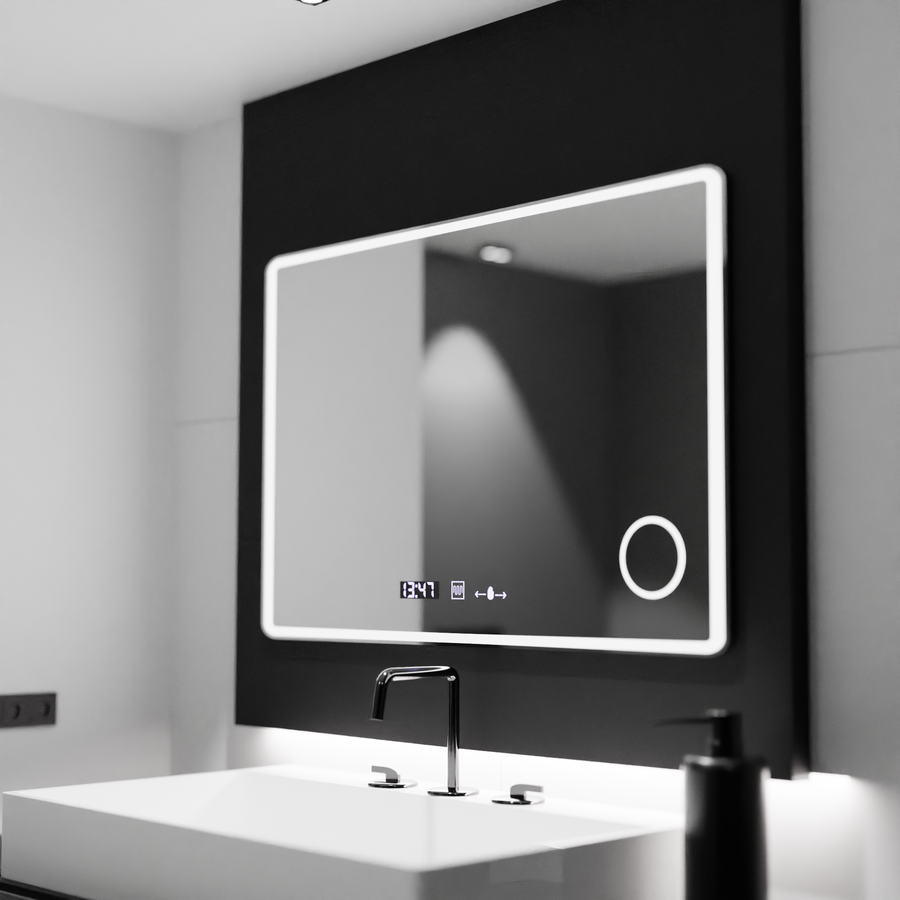 Oglinda LED Rectangulara 120x80 Aura Riflesso Puro MotionGlow Marcello, Sistem Dezaburire, Termometru si Ceas, Dimabila