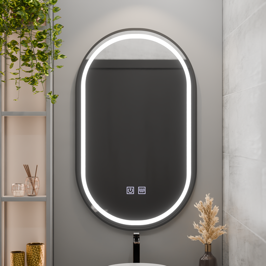 Oglinda LED Ovala 60x100cm VETRO Touch Sistem Dezaburire Dimabila, Rama Neagra