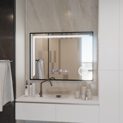 Oglinda LED Senzor MotionGlow Francesca 80x60 cm Lumina Calda/Rece/Neutra Dimabila Rama Negru Brushed Sistem Dezaburire Termometru Ceas Colectia Marcello Funghi