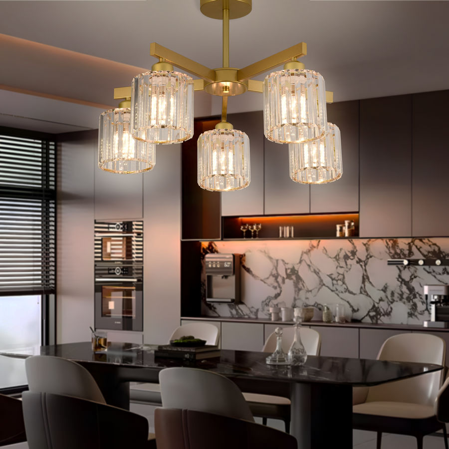 Lustra Clasica Moderna LC110/5GD cu Cristal, 5xE27, Auriu, Metal si Cristal