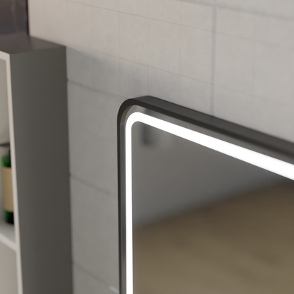 Oglinda LED Touch Ulrich Sistem Dezaburire, Ceas si Temperatura 75x90 cm Rama Negru Brushed Lupa Cosmetica