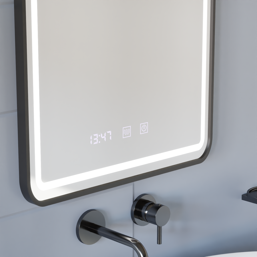 Oglinda LED Touch LUCIDA Sistem Dezaburire, Ceas si Temperatura 60x80 cm Rama Negru Brushed