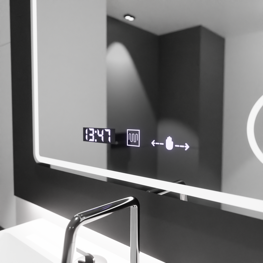 Oglinda LED Rectangulara, 80x60cm, Riflesso MotionGlow Marcello, Sistem Dezaburire, Ceas & Termometru, Lupa Cosmetica, Dimabila